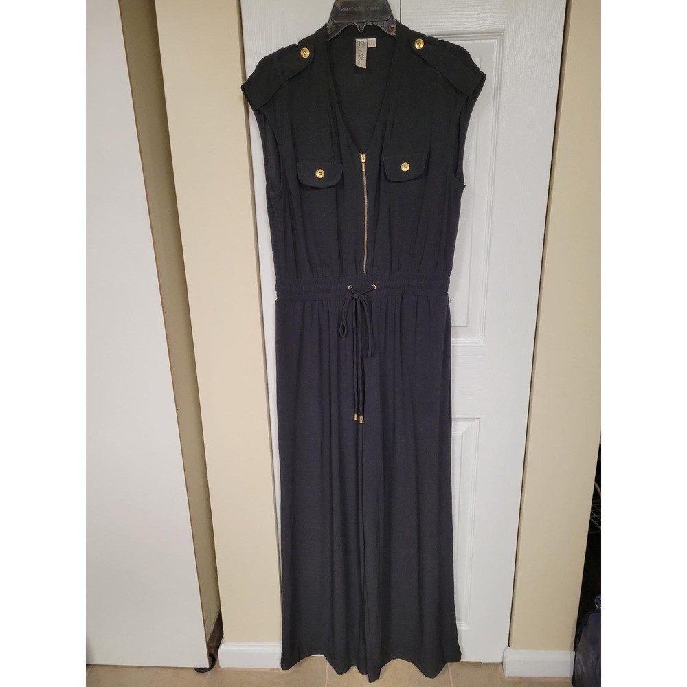 Womens Black Jumpsuit Wide Leg Chic Stretch Jumpsuit Gold Details Size‎ L